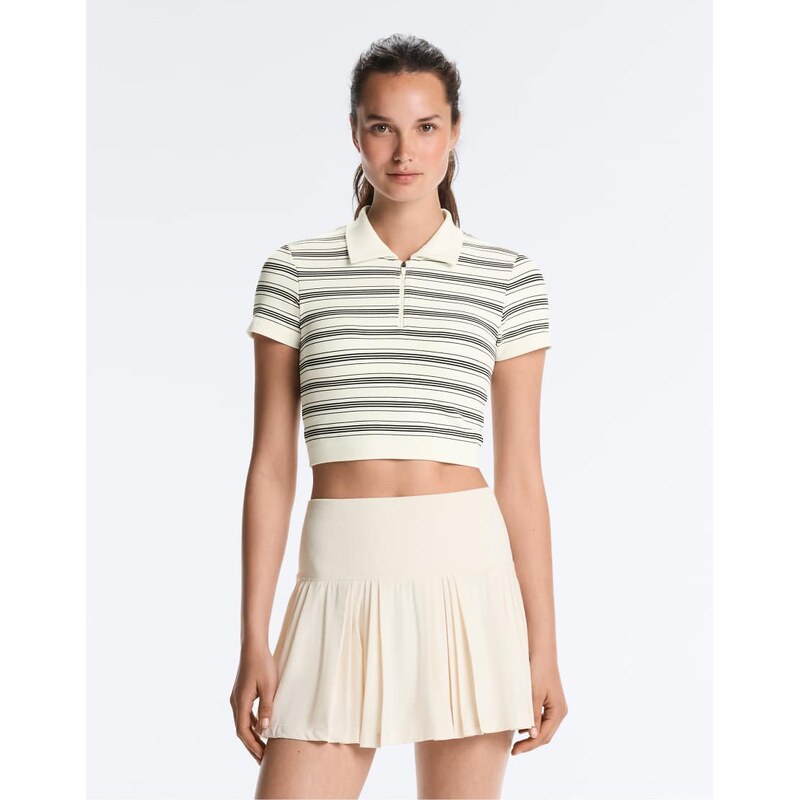 OYSHO Striped seamless short-sleeved polo shirt in pale ecru