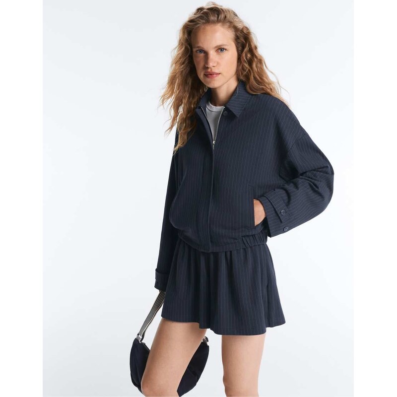 OYSHO Pinstripe piqué polo neck jacket with cotton in navy