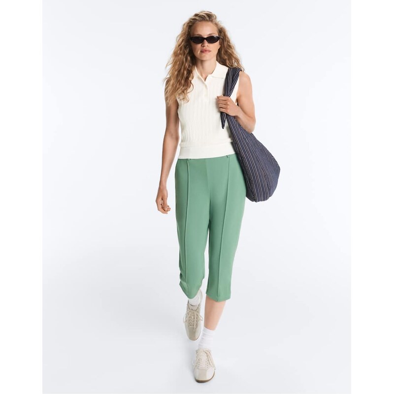 OYSHO Capripiqué trousers with cotton belt loops in aqua green