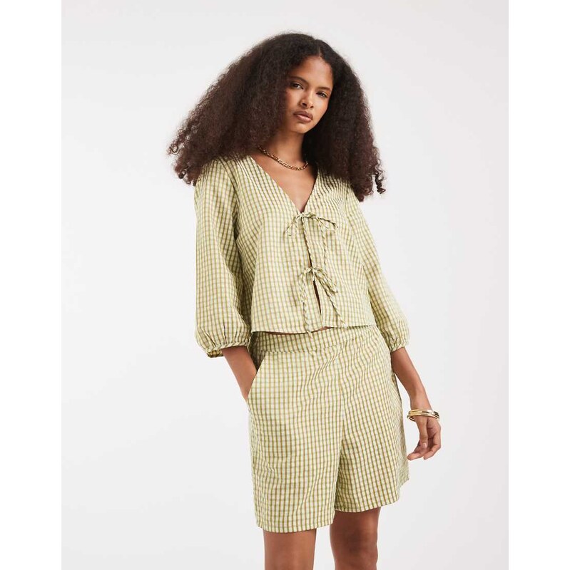 Vero Moda high waist shorts co-ord in green gingham print
