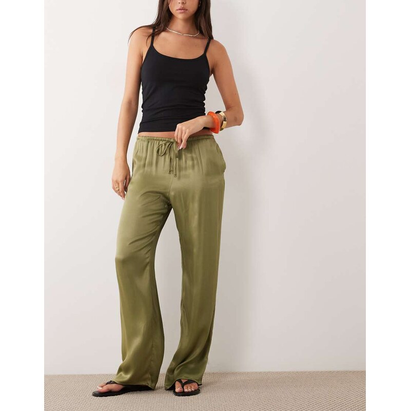 ASOS DESIGN satin wide leg pull on trouser in olive-Green