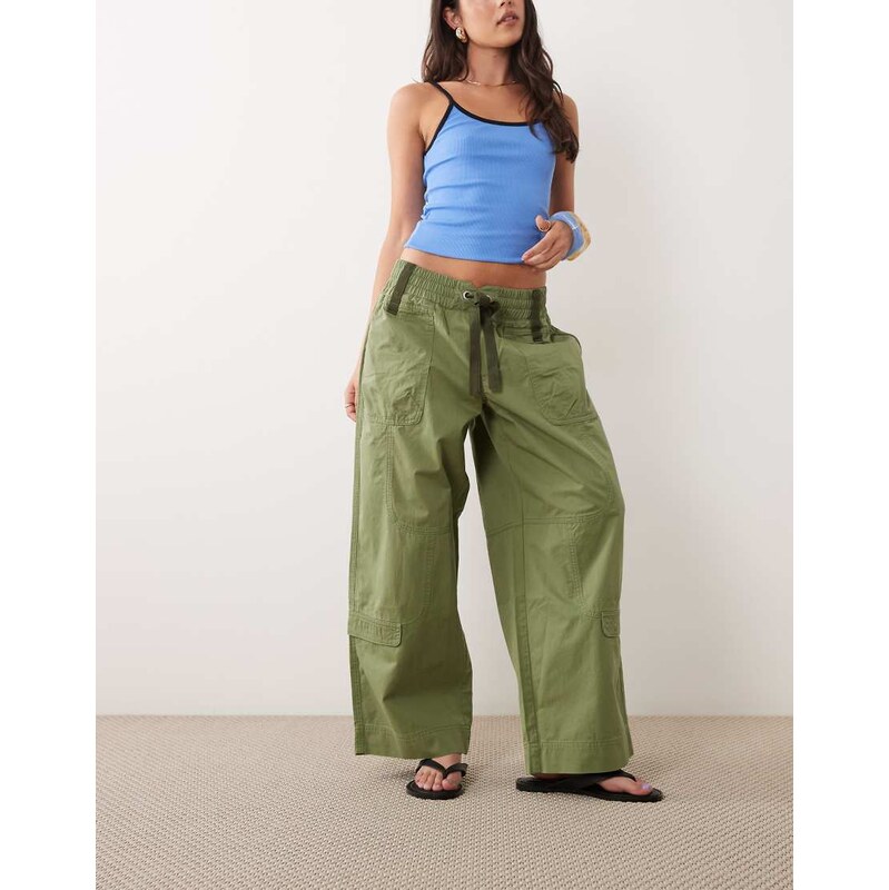 Lioness Fever cotton shirred tie waist wide leg utility trousers