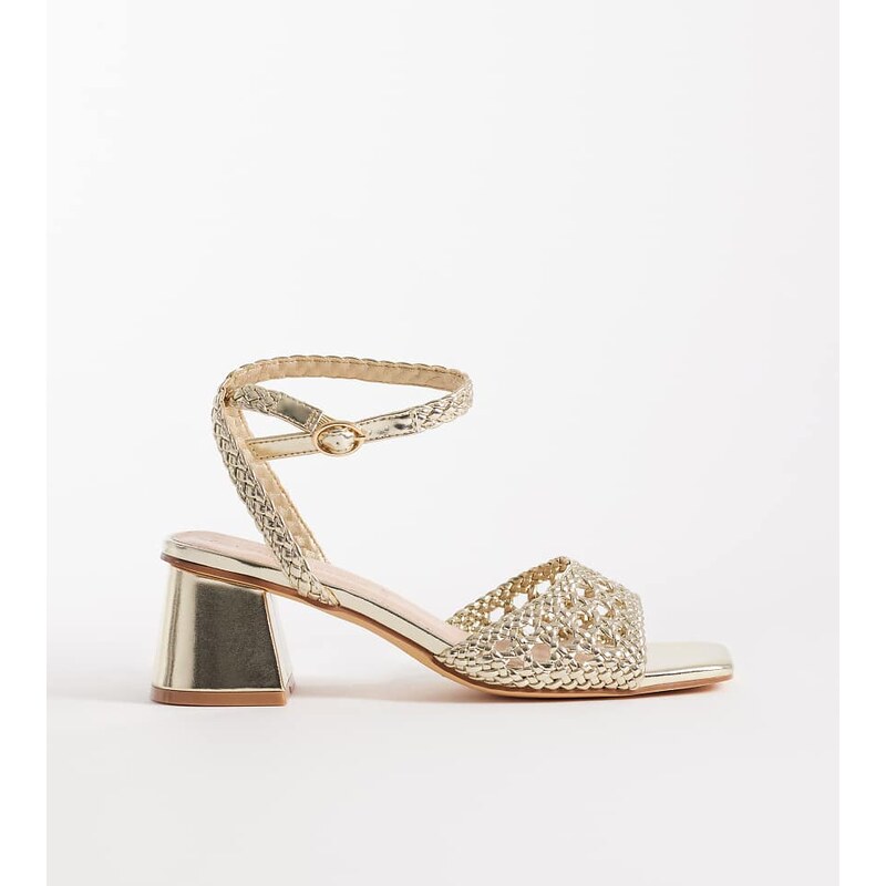 London Rebel Wide Fit Anita block heeled woven sandal in gold