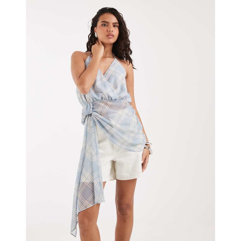 ASOS DESIGN chiffon wrap tie waist top in blue check co ord