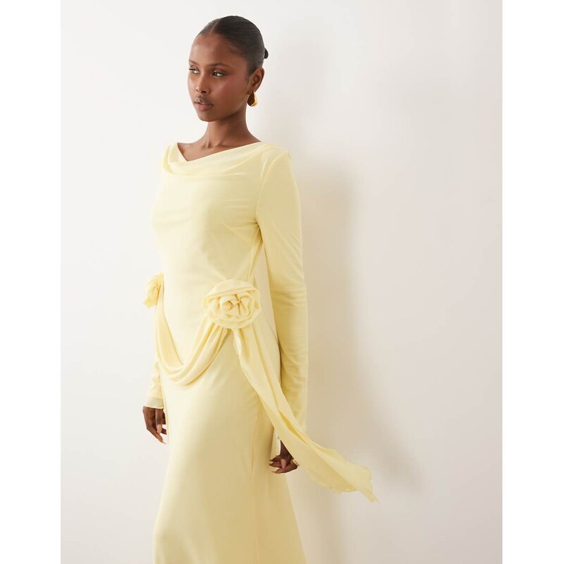 Daska mesh slash cowl neck corsage drape detail maxi dress in