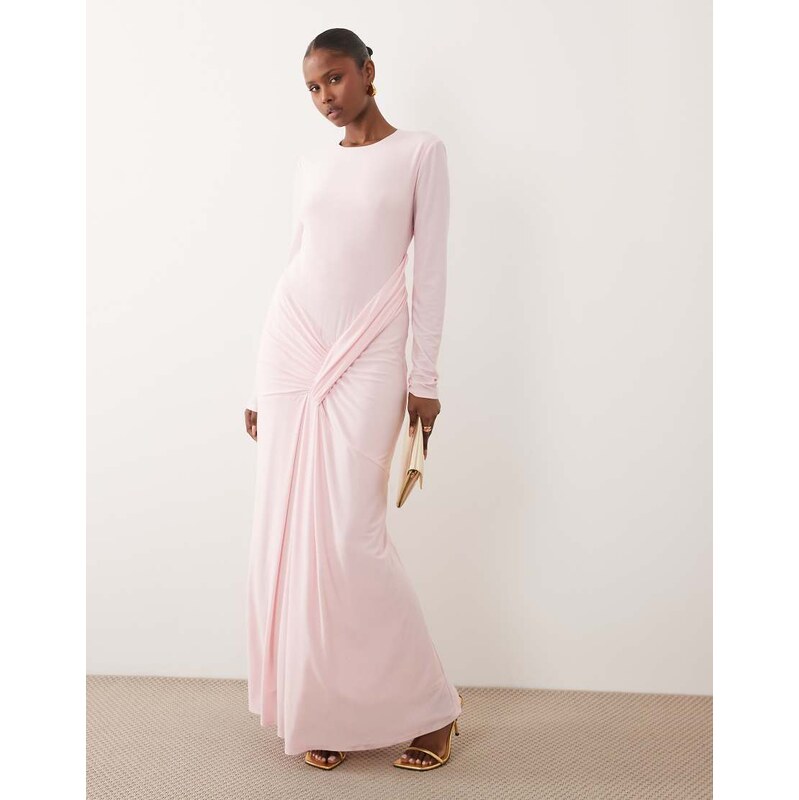 Daska stretch long sleeve tie waist maxi dress in baby pink