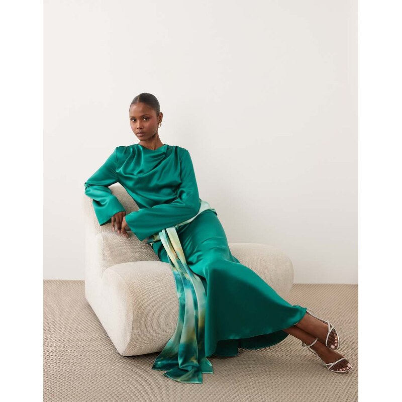 Daska satin drape maxi dress with contrast tie detail in green