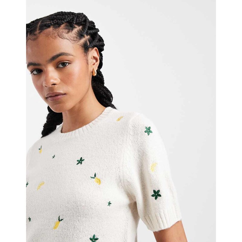 Threadbare knitted tee with lemon embroidery in ecru-White