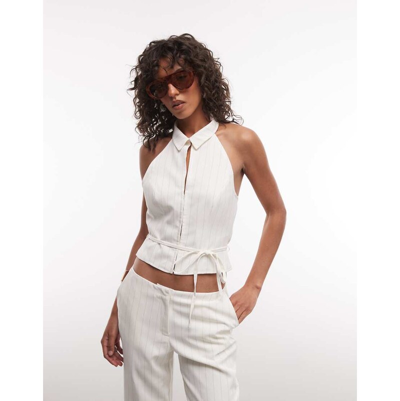 COLLUSION halterneck waistcoat in ivory pinstripe co ord-White