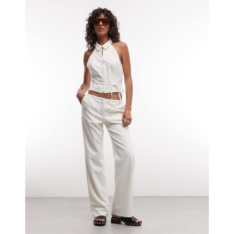 COLLUSION straight leg trouser in ivory pinstripe co ord-White