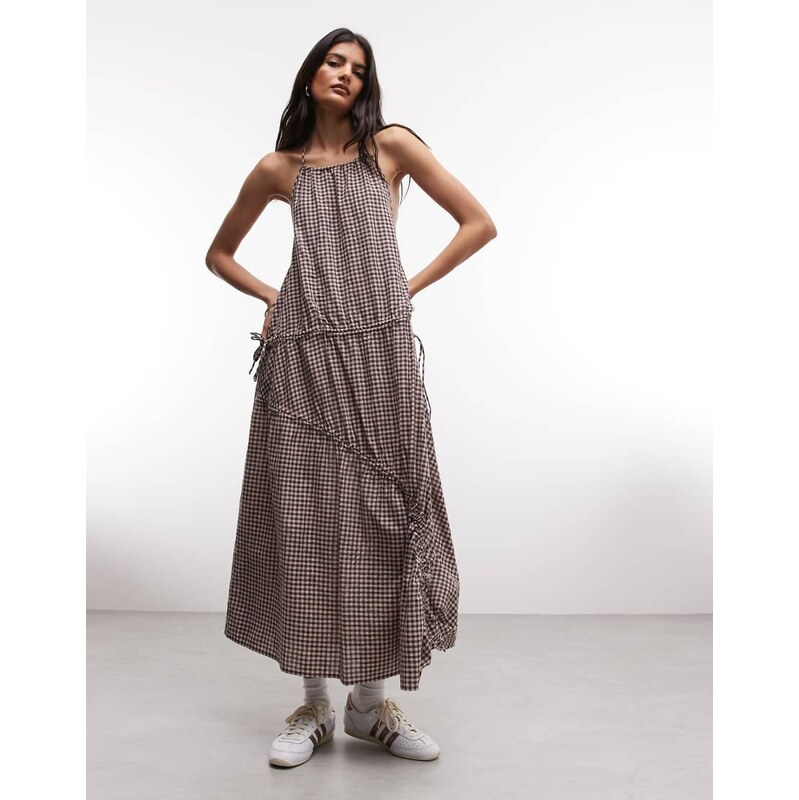 COLLUSION high neck channel detail midi dress in pink check