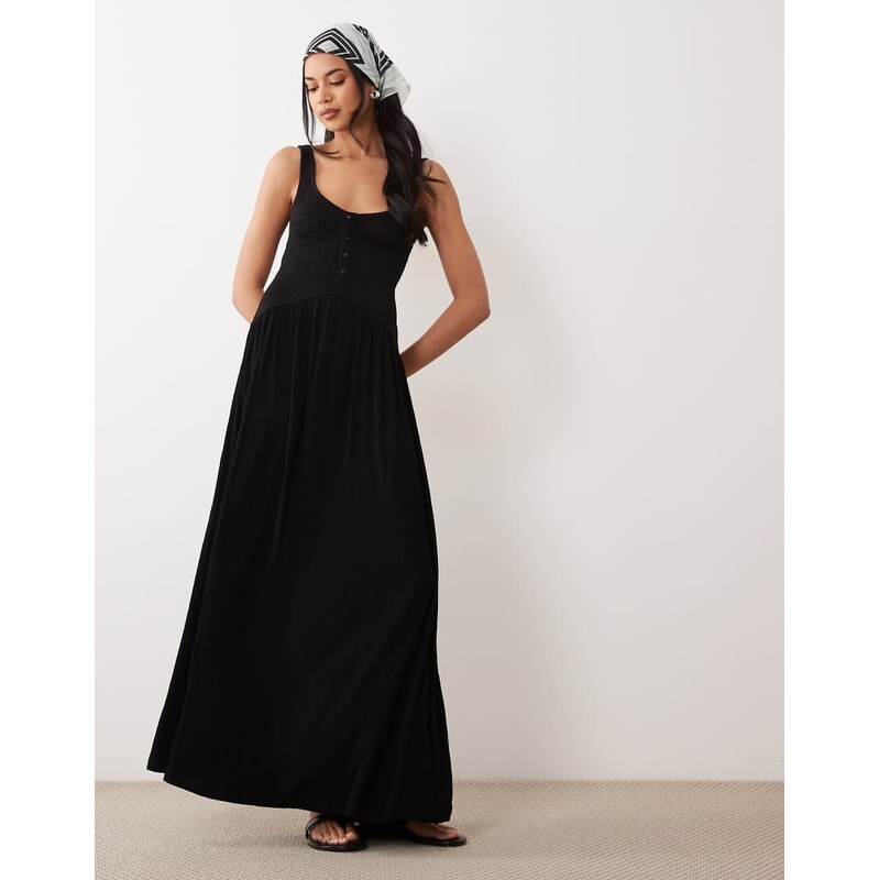 ASOS DESIGN crinkle button through midi dress in black