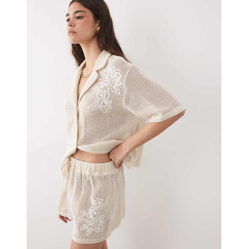 ASOS DESIGN open knit shorts with cornelli detail in Cream-White