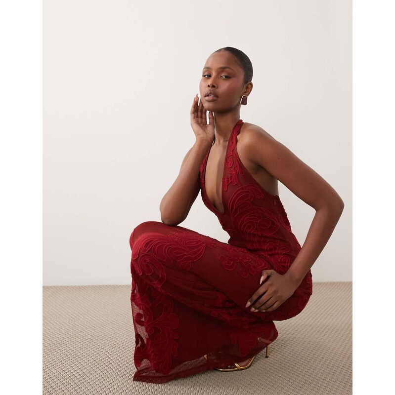 ASOS DESIGN Premium embroidered applique scoop halter maxi dress