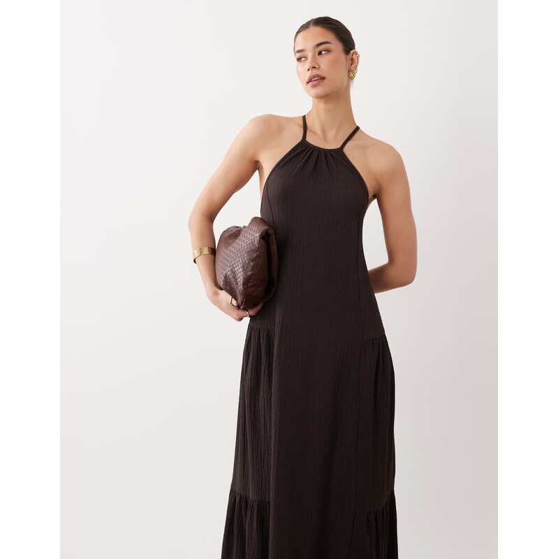 ASOS DESIGN textured halter trapeze maxi dress in chocolate