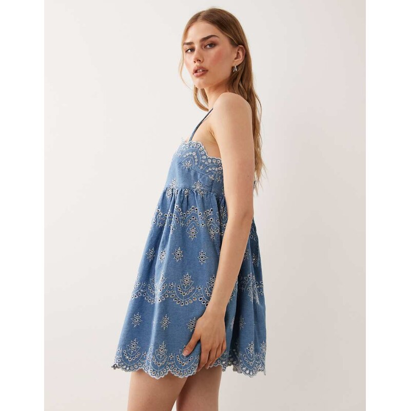 ASOS DESIGN soft denim embroidery cami mini dress in mid blue