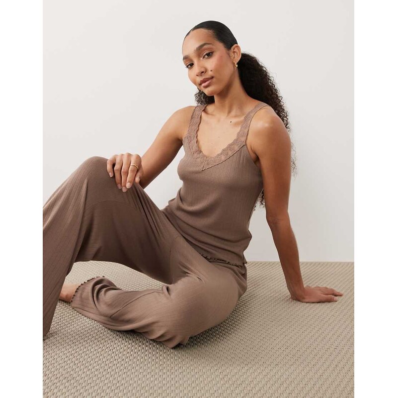 Threadbare lettuce hem pointelle vest and trouser pyjama set in