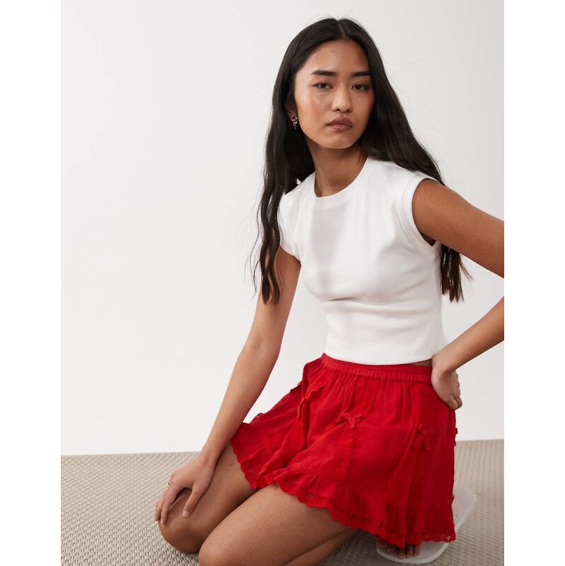 Miss Selfridge cheesecloth mini skirt with bows-Red