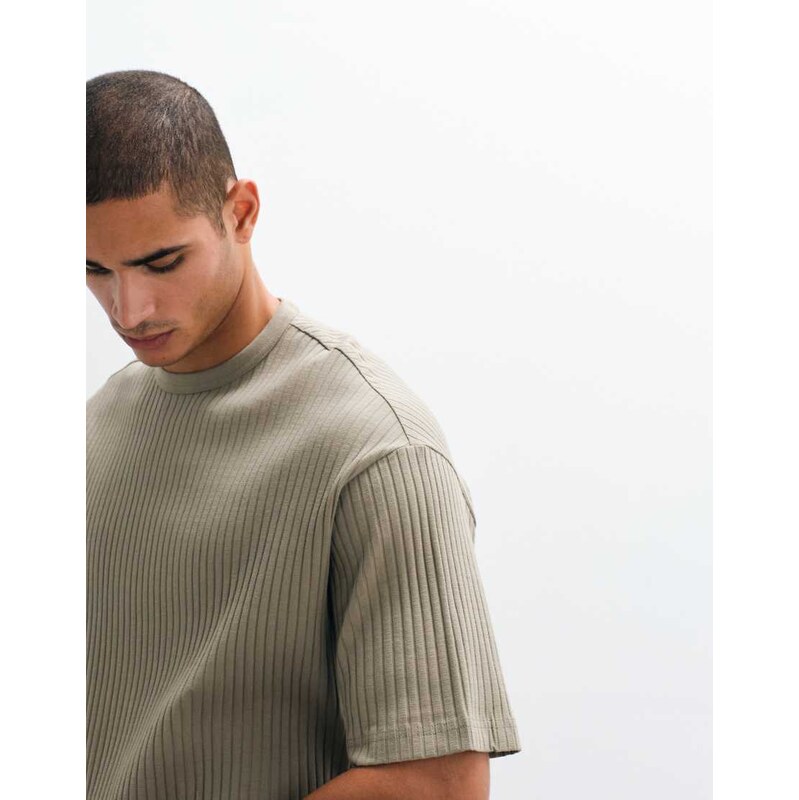 Selected co-ord ribbed t-shirt in khaki-Green