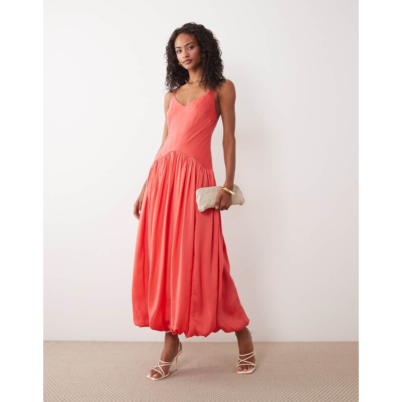 ASOS DESIGN satin bias shift midi dress with bubble hem in coral
