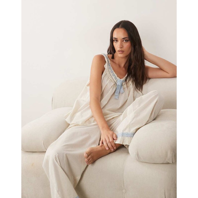 ASOS DESIGN woven milkmaid top and trouser set in polka dot with