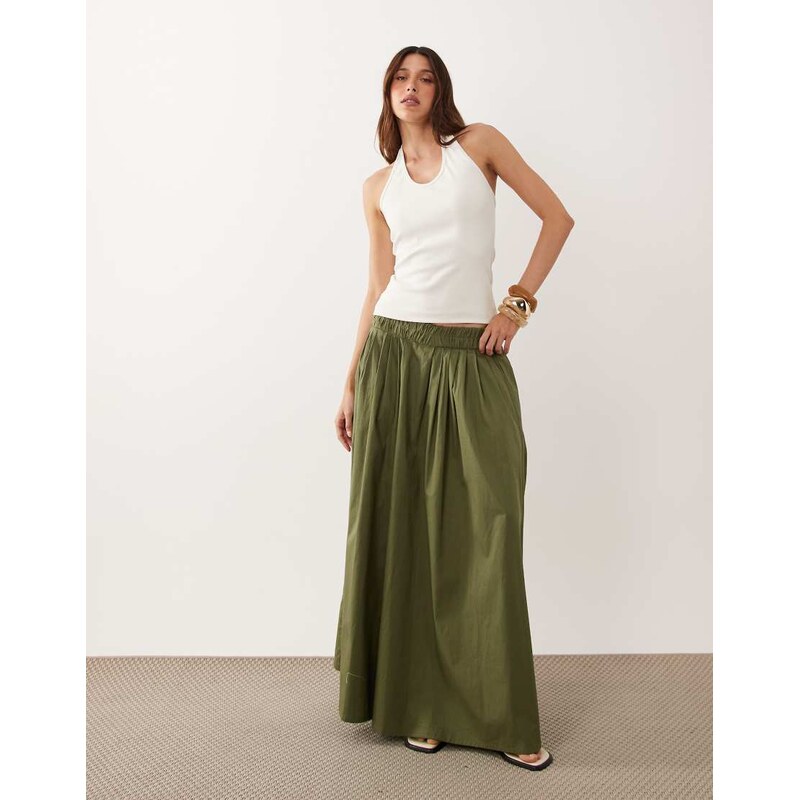 ASOS DESIGN elasticated waist volume midi skirt in khaki-Green