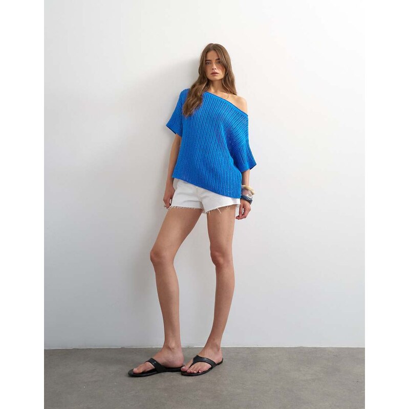 Topshop knitted crochet off the shoulder drape top in blue