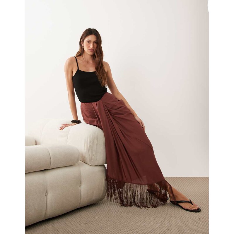 ASOS DESIGN sarong detail fringe co-ord maxi skirt in brown