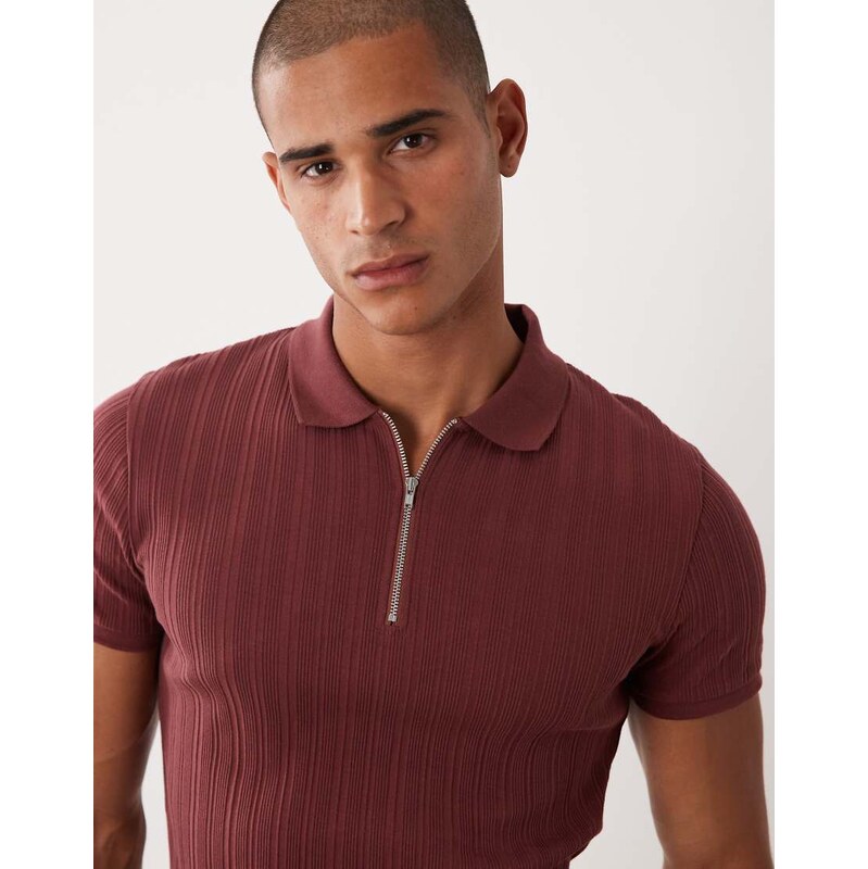 ASOS DESIGN muscle fit zip polo in burgundy rib-Red
