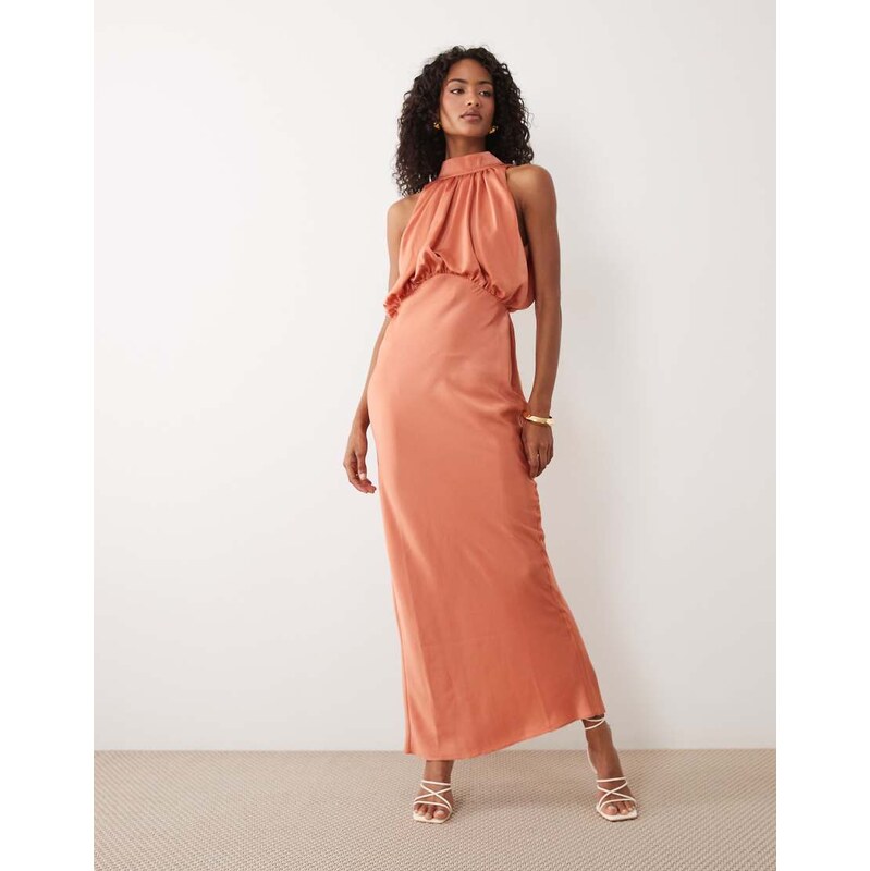 ASOS DESIGN halter neck blouson satin maxi dress in copper-Multi