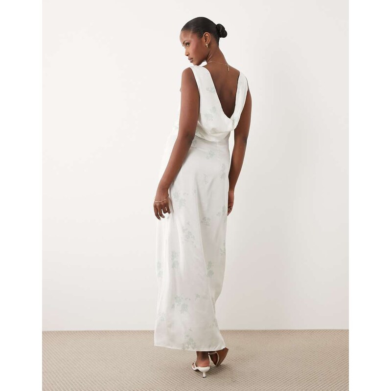 AWARE cowl neck satin maxi dress in white with light green