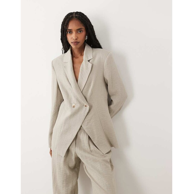 AWARE linen look one-button asymmetric blazer co-ord in neutral