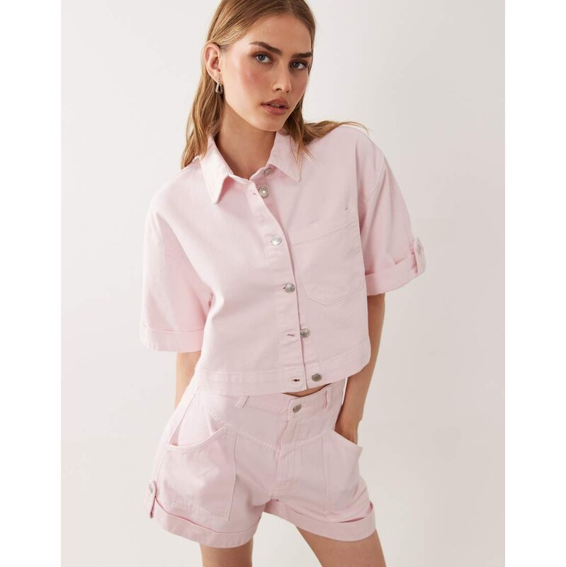 ASOS DESIGN denim boxy shirt co-ord in pink