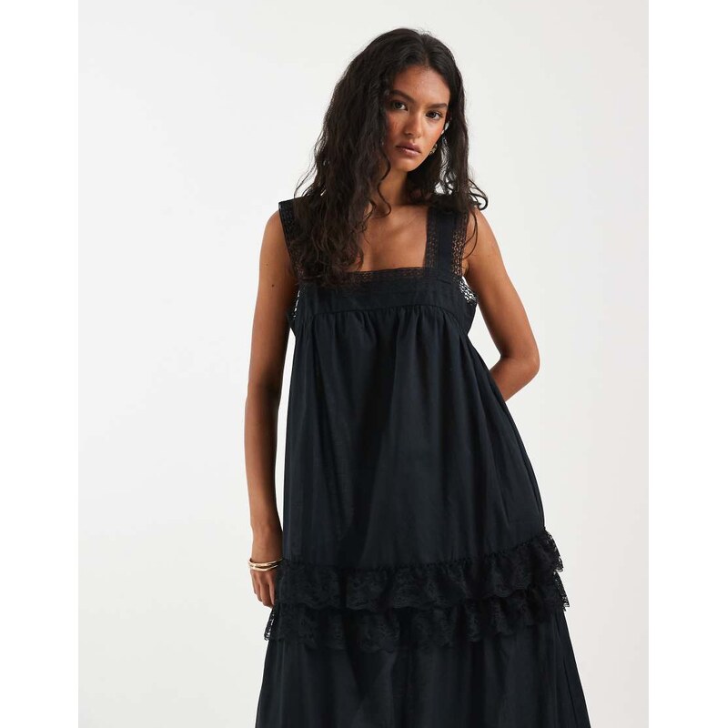 Object premium lace and ruffle trim tiered boho maxi dress in