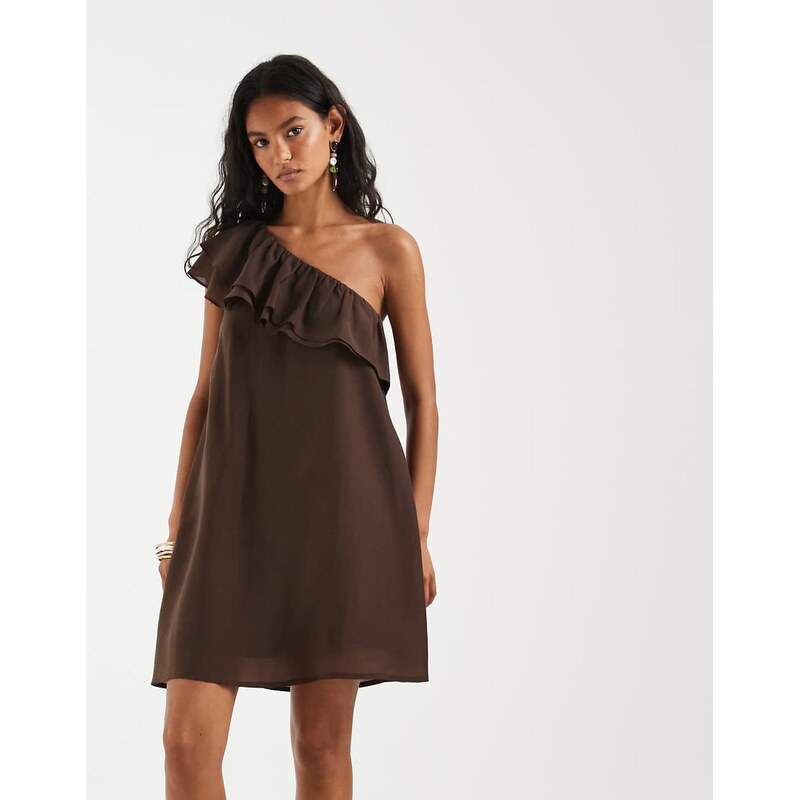 Pieces one shoulder frill trim mini dress in coffee brown