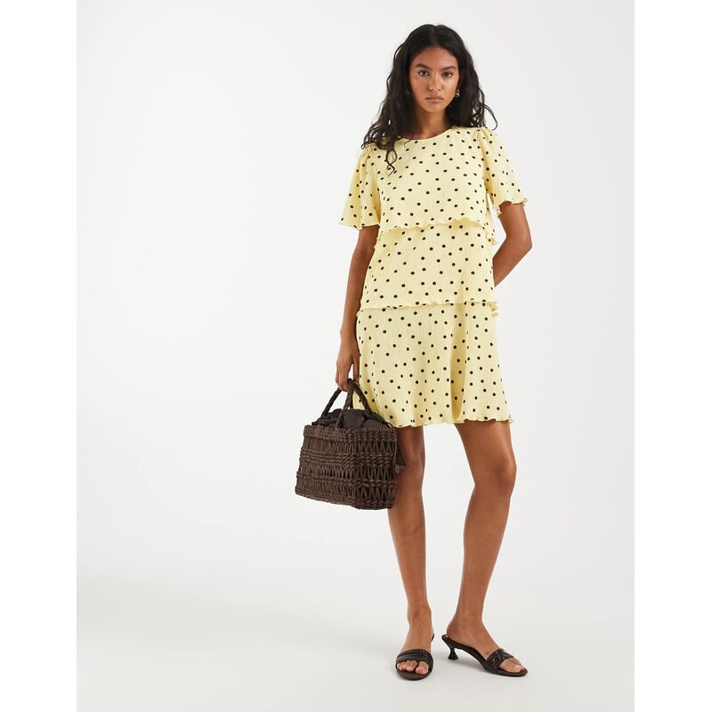 Pieces textured tiered mini dress in yellow and brown polka dot