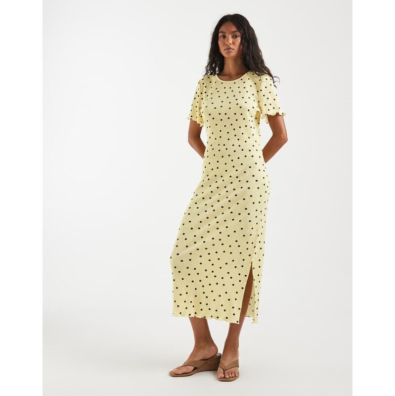 Pieces textured jersey maxi dress in yellow and brown polka dot