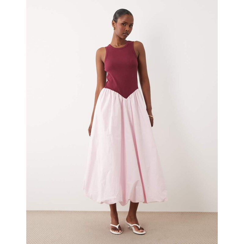 YAS ribbed jersey and woven mix maxi dress in pink