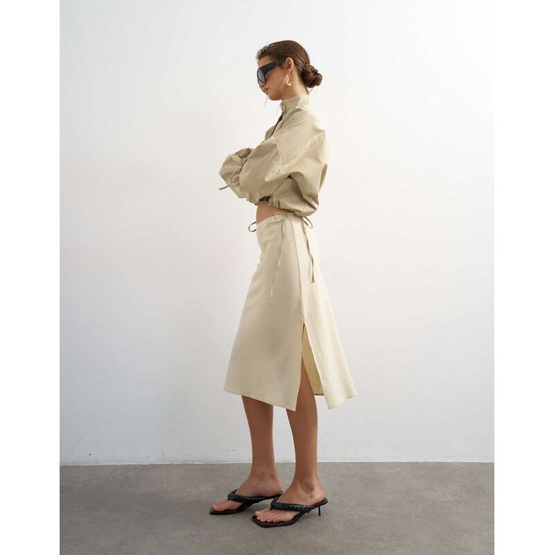 Topshop linen rich 90s length skirt in ecru-Pink