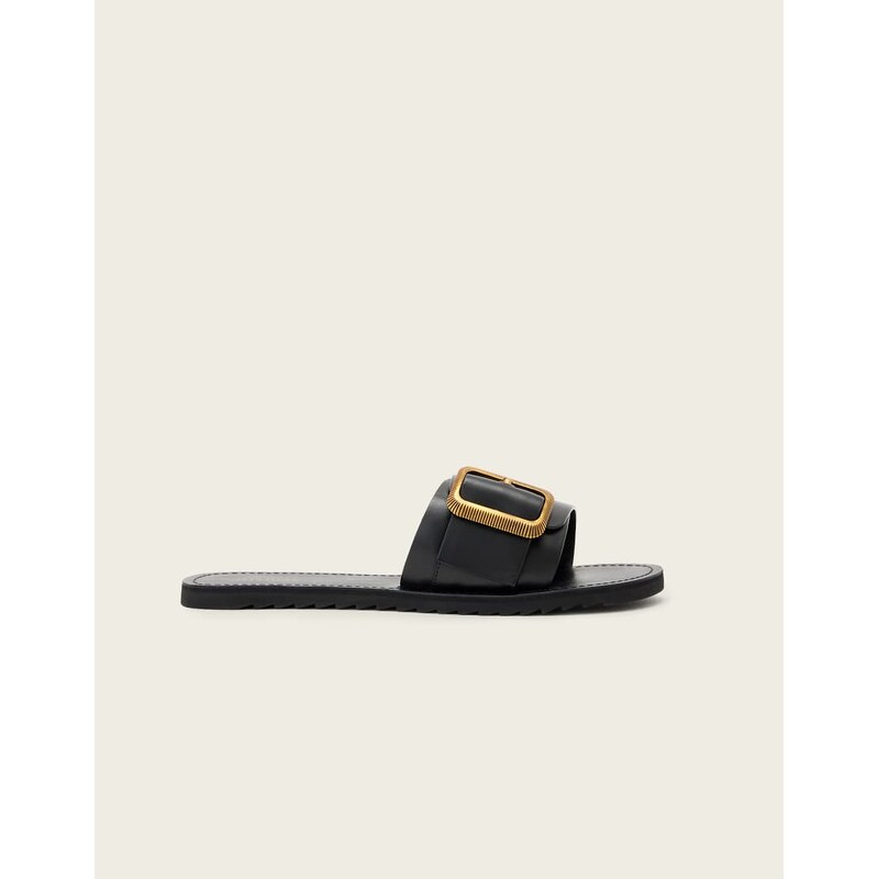 AllSaints Ella chunky buckle one strap leather slider in black