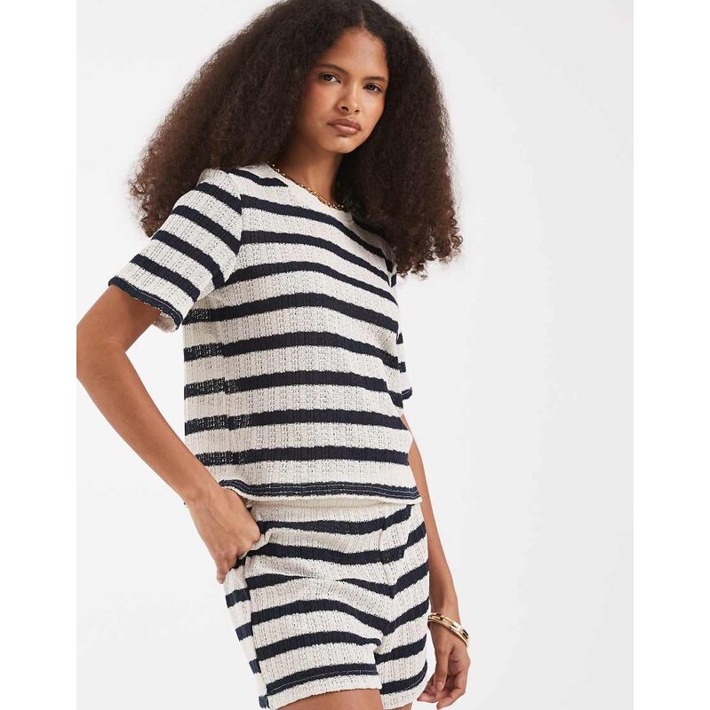 Vero Moda boxy knitted crochet t-shirt co-ord in cream and navy