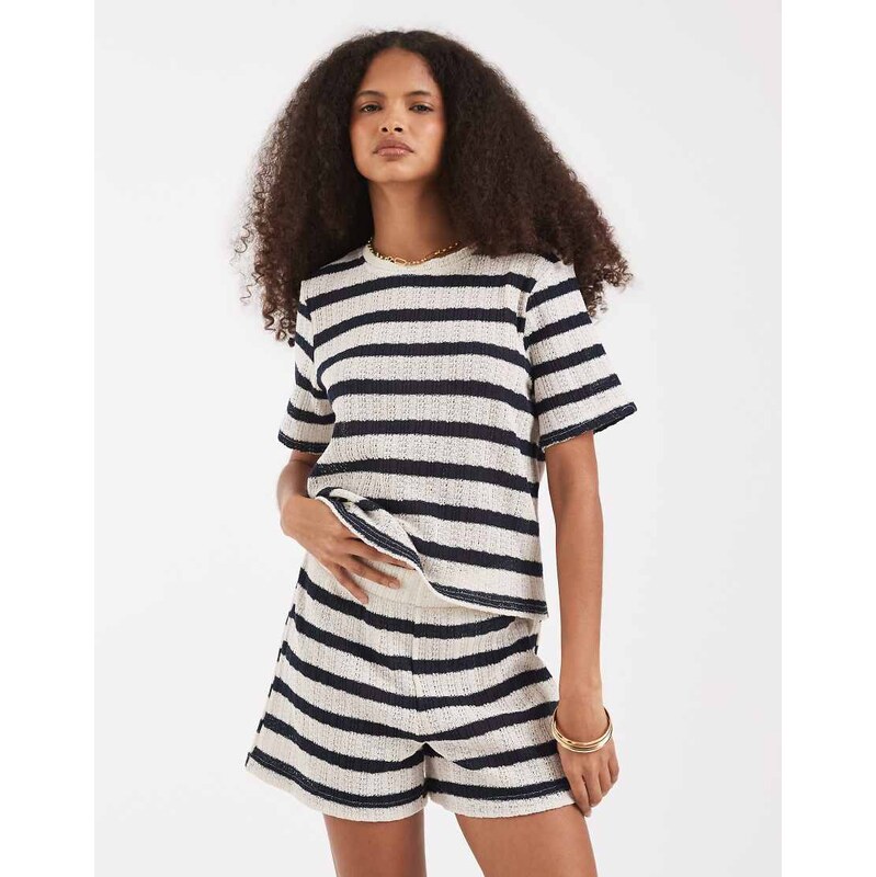 Vero Moda knitted crochet short co-ord in cream and navy stripe