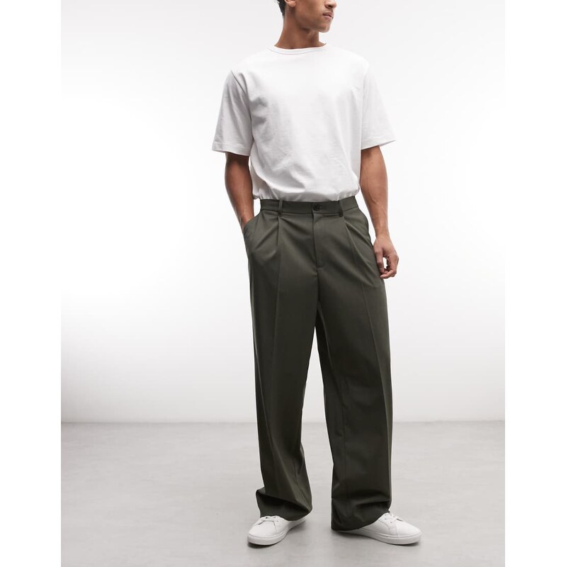 Weekday loose fit tailored trousers in khaki green melange