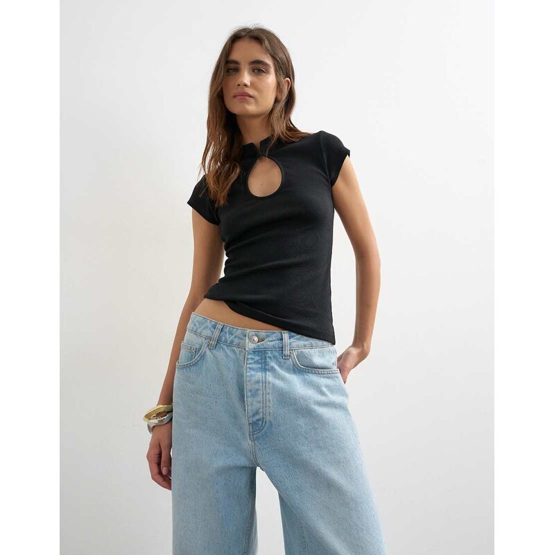 Topshop ribbed key hole top in black-Grey