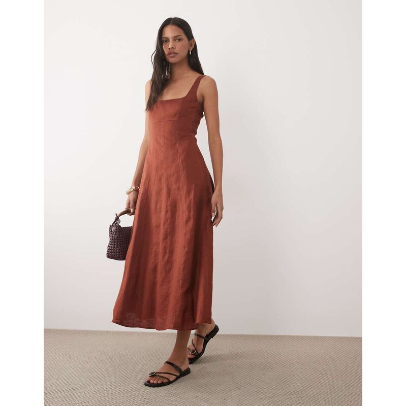 Mango 100% linen square neck sleeveless maxi dress in burnt