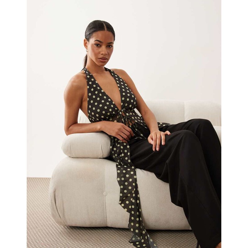 ASOS DESIGN asymetric split from halter in brown spot-Multi