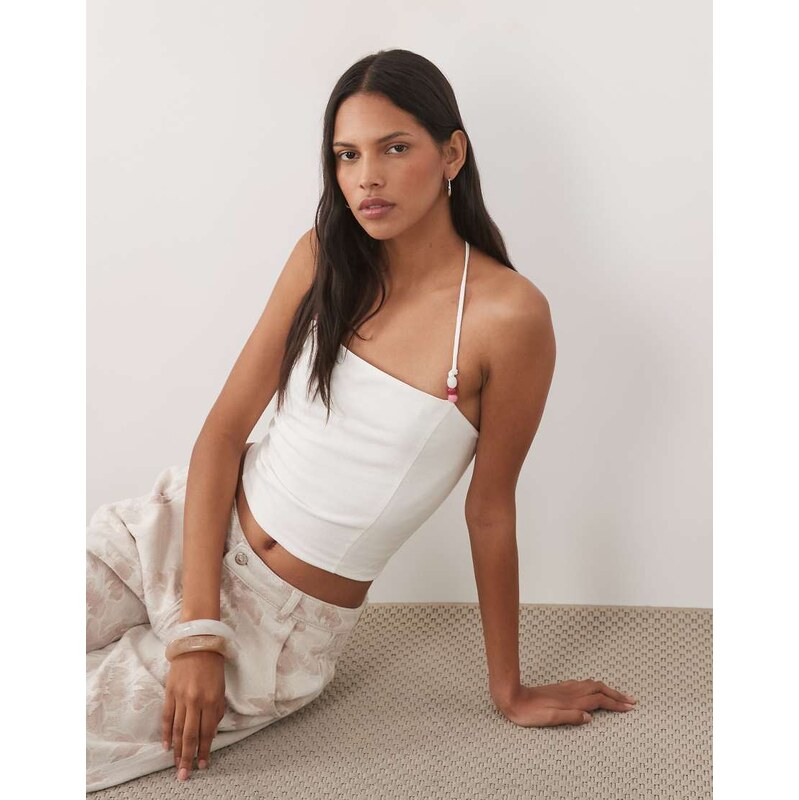 Mango Teen strappy beaded cami top in white