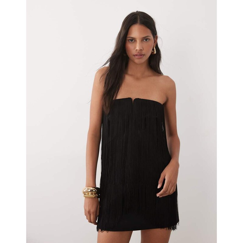 Mango Capsule off shoulder mini dress with tassles in black