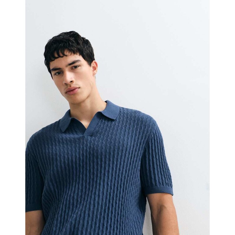 Hollister knitted oversized short sleeve polo in navy stripe