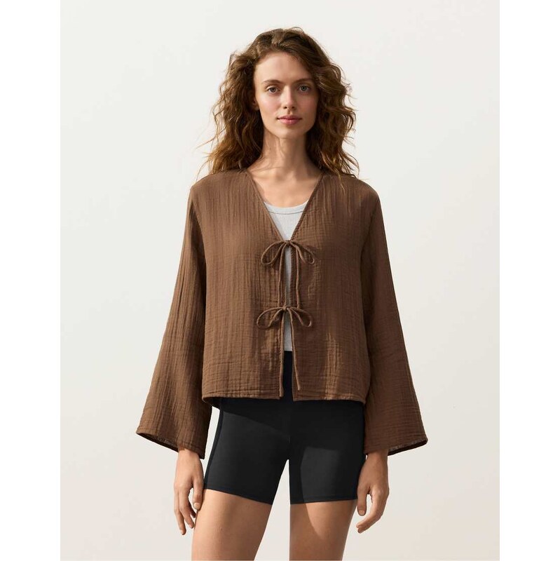 OYSHO Long-sleeved shirt with ties 100% cotton in brown